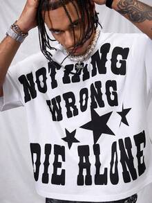 AXEPEAK 男士字母宽松针织圆领短袖 T 恤，适合夏季，街头潮流版，Emo，2000 年代风格 - 白色 - 查看 2