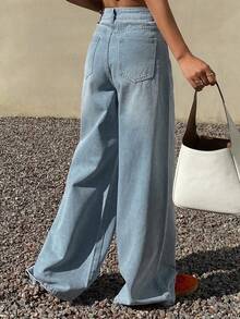 DAZY Women's High Waist Pocket Wide Leg Loose Casual Versatile Denim Jeans - Blue - View 2