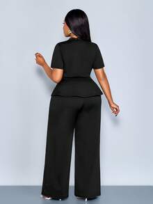 SOLERSUN Conjunto de top peplum elegante con cuello en V, detalle de encaje y plisado, combinado con pantalones de pierna ancha, adecuado para el trabajo y el transporte para mujeres de talla grande - Negro - Ver 4