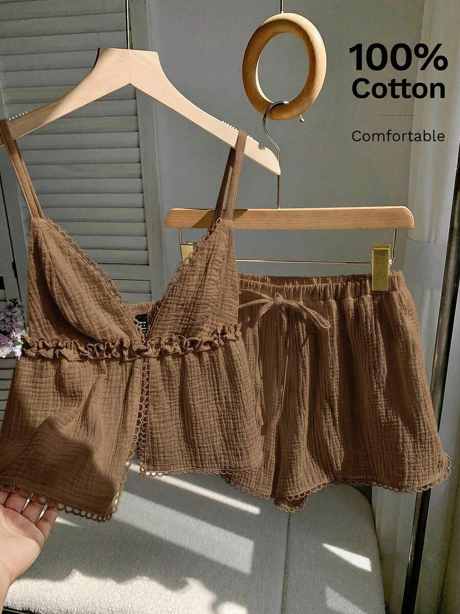 Comfortcana Brown Plus Size Women's Lace Trim Camisole And Shorts 2 Pieces Set - Brown - View 1