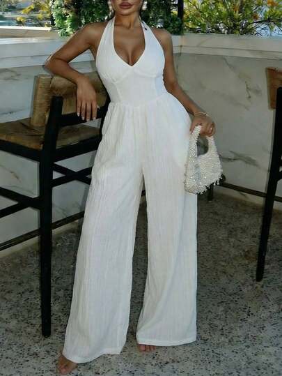 Slaydiva White Skirt  Deep V-Neck Pullover Pants Wide-Leg Pants Holiday Outfits For Women  Birthday Outfits For Women  New Early Spring, Spring And Summer Music Festival, Valentine's Day, Easter, Bohemian Style, Nomadic Style, Casual, Simple And Basic, Cruise Party, Birthday Party, Daily Date, Casual Vacation, Elegant Commuting, Halter, Tie, V-Neck, Wide-Leg Pants, Super Long Pants, White Jumpsuit, Texture Fabric, Women's Jumpsuit -A White Jumpsuit For Women Elegant White Romper For Women Elegant