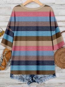 EMERY ROSE Casual Minimalist Plus Size Women Striped Drop Shoulder T-Shirt, Suitable For Summer - Multicolor - View 2