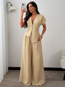 Women Two Pieces Vest And Pant Suit Sets - Beige - View 4