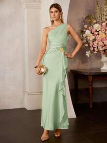 MOTF Soiréza Đầm dạ hội nữ lệch vai, trang trí kim loại, thanh lịch, lãng mạn, mùa xuân/hè. - màu xanh lá - Xem 4