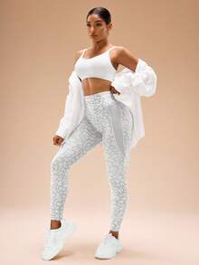 Gameset SHEIN Sport Gray & White Leopard Print Jacquard Seamless Leggings Yoga Women Pants - Grey - View 5