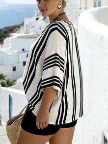 EMERY ROSE Plus Size V-Neck Batwing Striped Vacation Chiffon Cover Up - Apricot - View 6