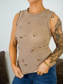 SAYEHFBABY 夏日清凉厚针织镂空金属镜面串珠卷边背心 - 卡其色 - 查看 3