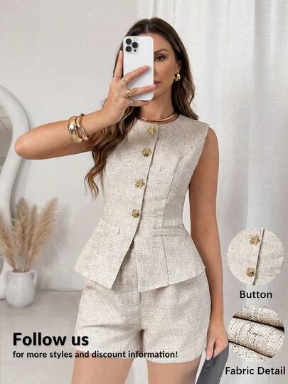 Editum Set de chaleco y pantalones cortos de mujer con botones metálicos tejidos