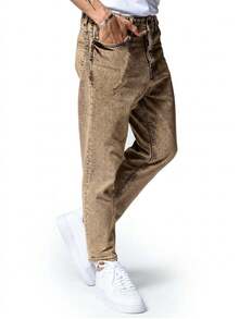 ROMWE MEN Street Life Quần jeans skinny nam phong cách đường phố thường ngày họa tiết bông tuyết - Màu Khaki - Xem 3