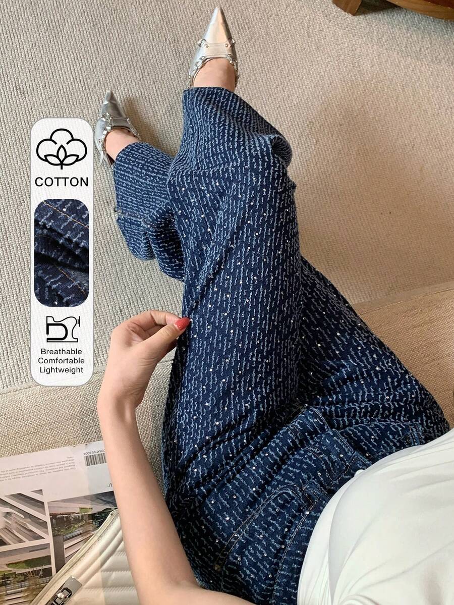 DAZY Women's Casual Loose Straight Leg Jeans With Textured Floral And Striped Pattern, Suitable For Spring And Summer - Navy Blue - View 1