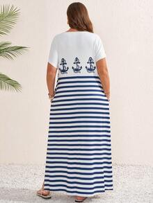 Rosumi Vestido casual de mujer talla grande con cuello redondo, manga corta y bolsillo con estampado de rayas - Multicolor - Ver 3