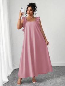 SHEIN PETITE 大码女式休闲纯色荷叶边方领无袖连衣裙，夏季 - 藕粉色 - 查看 8