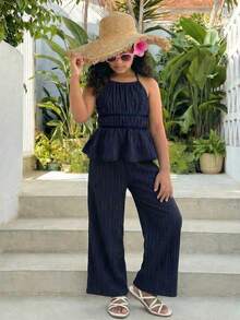 SHEIN Conjunto informal de top corto sin mangas con volantes en el bajo y pantalones para niña preadolescente - Azul Marino - Ver 5