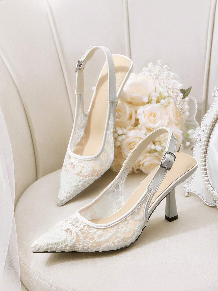 CUCCOO HITCHD Pointed Toe Lace Mesh White Wedding Shoes, Elegant Breathable Women High Heel Slingback Pumps For Christmas Elegant Shoes Wedding Shoes Summer Shoes Bride Shoes