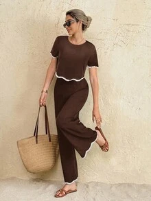SHEIN Frenchy Bộ đồ 2 món dành cho nữ, kiểu dáng thường ngày, phối áo và quần, thích hợp cho kỳ nghỉ. - màu nâu - Xem 2