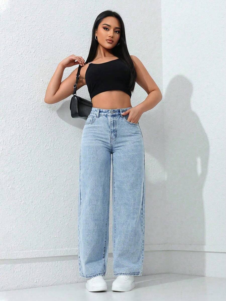 SHEIN ICON 女士纯色休闲牛仔裤 - 淺色水洗藍 - 查看 1