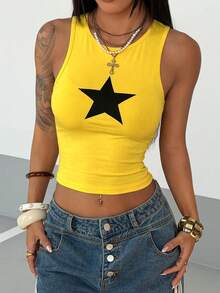 StreetHx Top corto de mujer con estampado de estrella negra - Amarillo - Ver 5