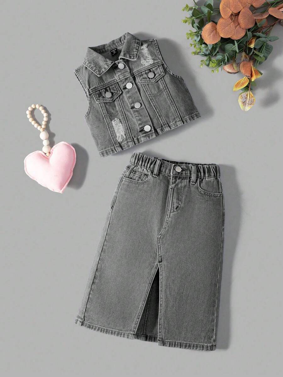 SHEIN Young Girls Denim Set, New Minimalist Versatile Washed Blue Denim Set - Grey - View 1