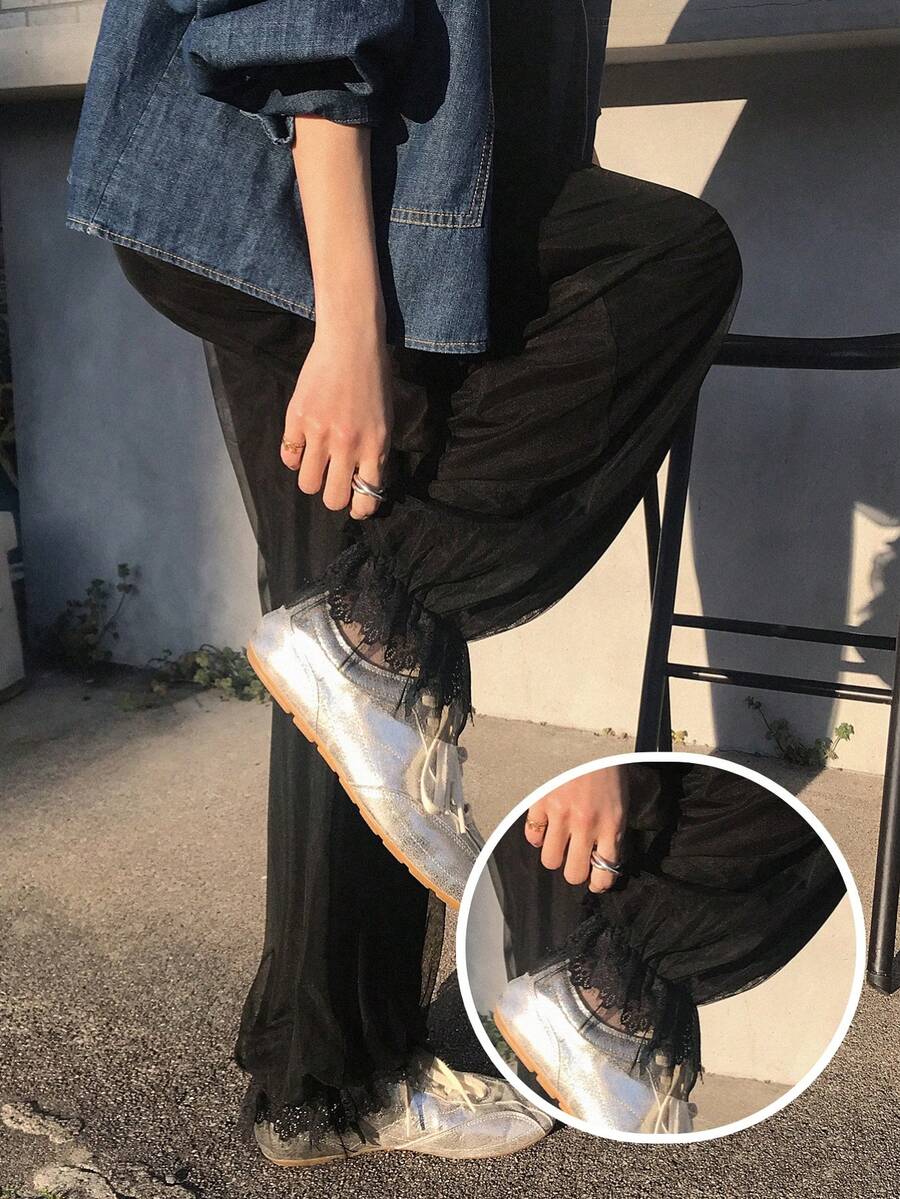FRIFUL 女士网纱蕾丝休闲百搭日常裤 - 黑色 - 查看 1