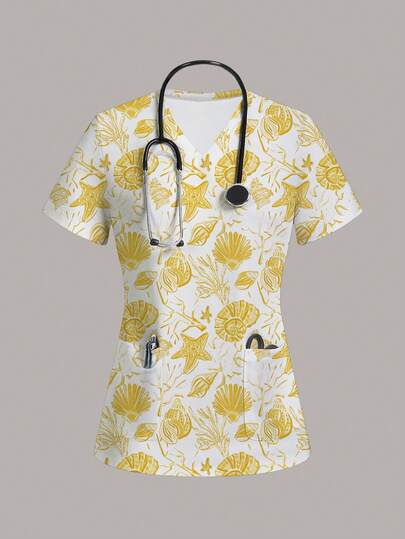 TaskEZ 女士V领休闲短袖工作服上衣，饰有海洋元素