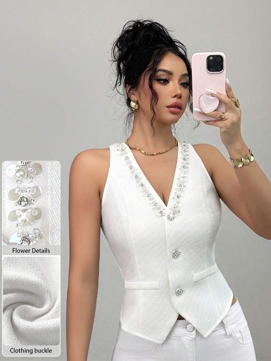 Modelyn Women's French Beaded V-Neck Vest, Stylish And Versatile For Daily, Commute, Date, And Vacation Wear - White - View 1