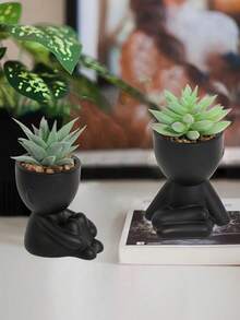 1PC Artificial Succulent Plants Single Pot Small Human Shaped Succulent 3 Styles Optional Black Ceramic Pot Cartoon Design Green PP PE Material For Desktop Home Garden School Dorm Office Decor - Black - View 11