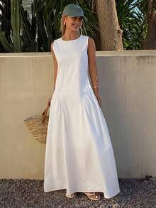 DAZY Vestido de mujer con cuello redondo, sin mangas, diseño de abertura en la cintura y ajuste en la cintura, estilo vacacional - Blanco - Ver 3