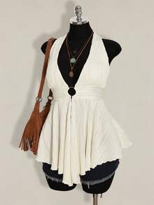 SHEIN ICON Plus Size Y2K Style Hollow Out Asymmetrical Hem Babydoll Halter Neck Knit Camisole - Apricot - View 4