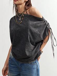 Bohemela Women's Dark Grey Summer Casual Chic Everyday Off-Shoulder T-Shirt,Bohemian Knit Roman Ruffles Beaded Details Two-Way Top,Beach Vacation - Grey - View 4