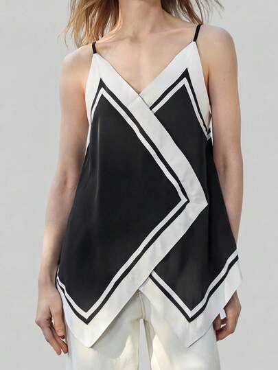 Ontre 女士撞色舒适柔软高端面料哑光破卡宽松小V领无袖上衣，黑白撞色设计，织带拼接装饰，现代都市商务休闲通勤高品质机场休闲低调复古高端感邮轮中东简约奢华质感必备时尚四季百搭吊带衫