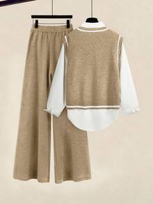 SHEIN Franclia 2-Piece Gray Knit Outfit, Sleeveless Vest And Wide-Leg Pants, Canvas Underarm Bag, Minimalist Artistic Style, Soft Knit Fabric, Relaxed Wide-Leg Pants, Korean Casual Vibe, Simple Commute Outfit, Everyday Wear, Effortless Matching, Slimming, Color Blocking Details For Refined Look, Ladies Sweater Two-Piece Set - Camel - View 5