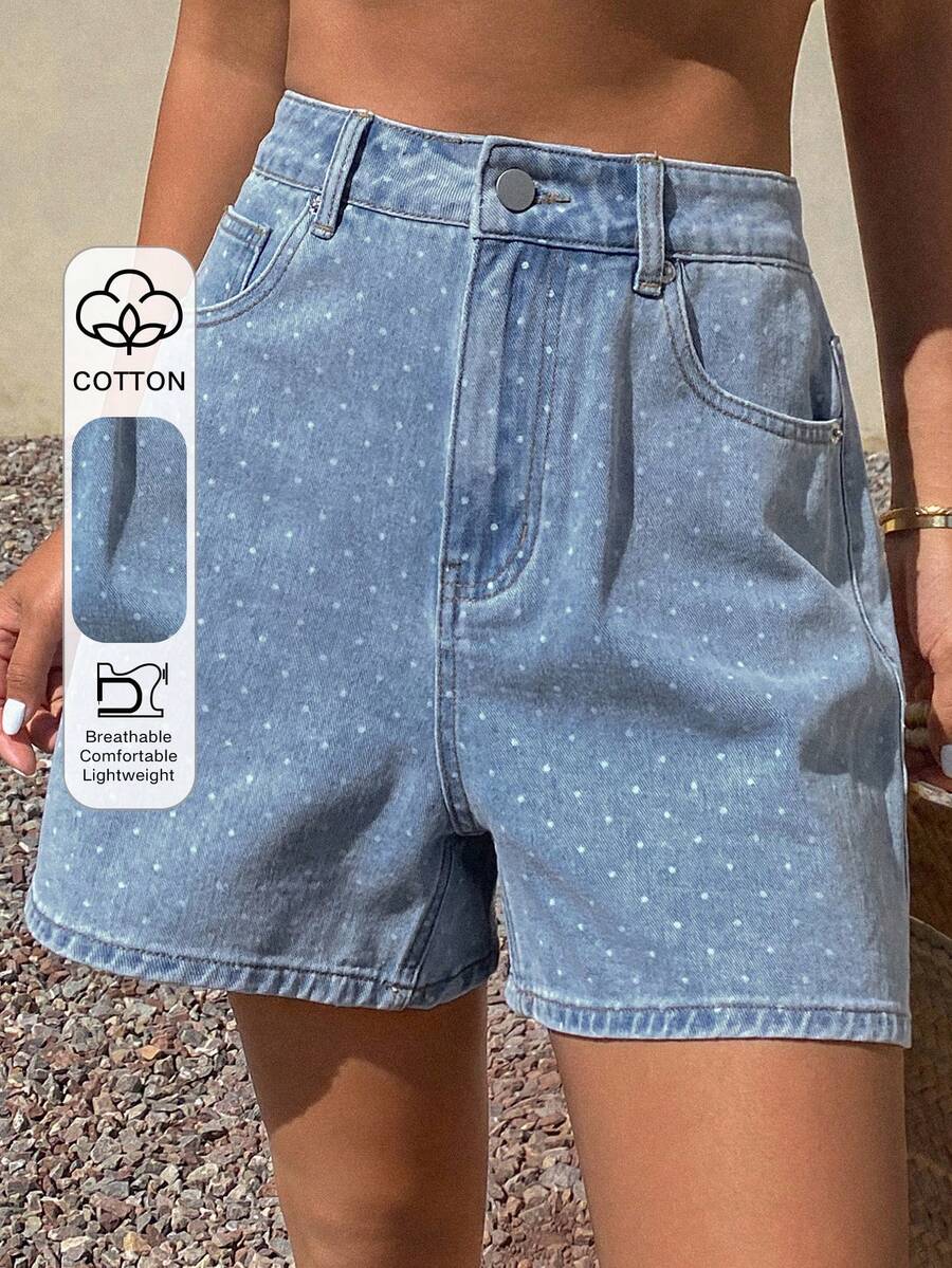 DAZY 女士休闲波点印花高腰宽松牛仔短裤，适合夏季度假和日常通勤穿着 - 藍色 - 查看 1