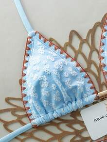 Swim Mod Set Bikini Segitiga Motif Bunga Biru Muda Gaya Boho 2 Potong untuk Wanita, Bordir Bunga Daisy Buatan Tangan, Hiasan Bintang Laut, Pakaian Renang Elastis untuk Liburan Pantai Musim Panas, Liburan - Biru - View 7