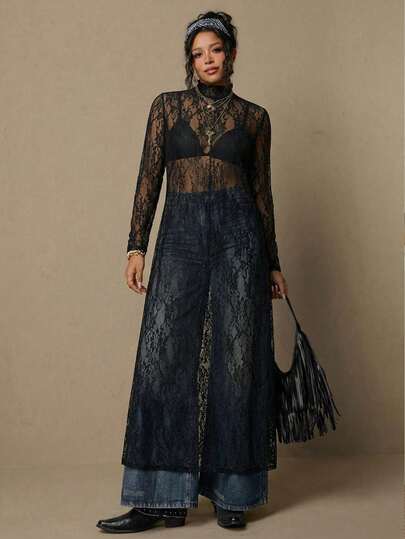 Freevana Plus Size Bohemian Vintage Style Black Lace Dress, Elegant Versatile Daily Wear, Early Spring New Party Dress For Women