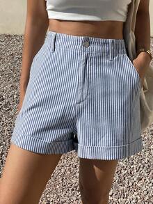 DAZY Women's Striped Cuffed Pocket High Waist Casual Versatile Denim Shorts, Spring/Summer Jorts - Blue - View 4