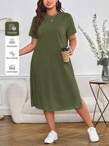 SHEIN Essnce Plus Size Solid Color Round Neck Regular Shoulder Short Sleeve Simple Slit Hem Summer Casual Dress - Army Green - View 1