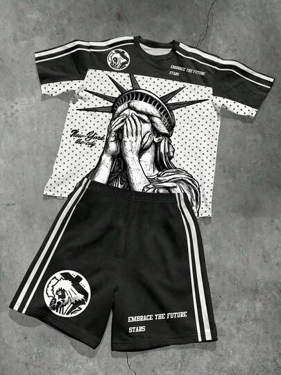 青少年男孩字母波点印花短袖T恤和短裤休闲套装