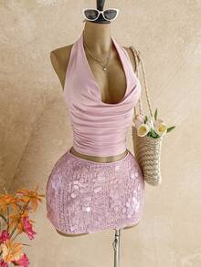 Soleia 2pcs Pink Sequin Vacation Set For Women Spring To Summer Easter Carnival Carnival Costume  Party Beach Wedding Beach Graduation Pink Two Piece Set Sequin Two Piece Set Pink Skirt Set Pink Vacation Outfit Pink Beach Outfit   Sequin Dress Pink Top Sparkle Two Piece Set Pink Outfit Women 2 Piece Two Piece Set Women Party Birthday Outfits For Women Two Pieces - Baby Pink - View 4