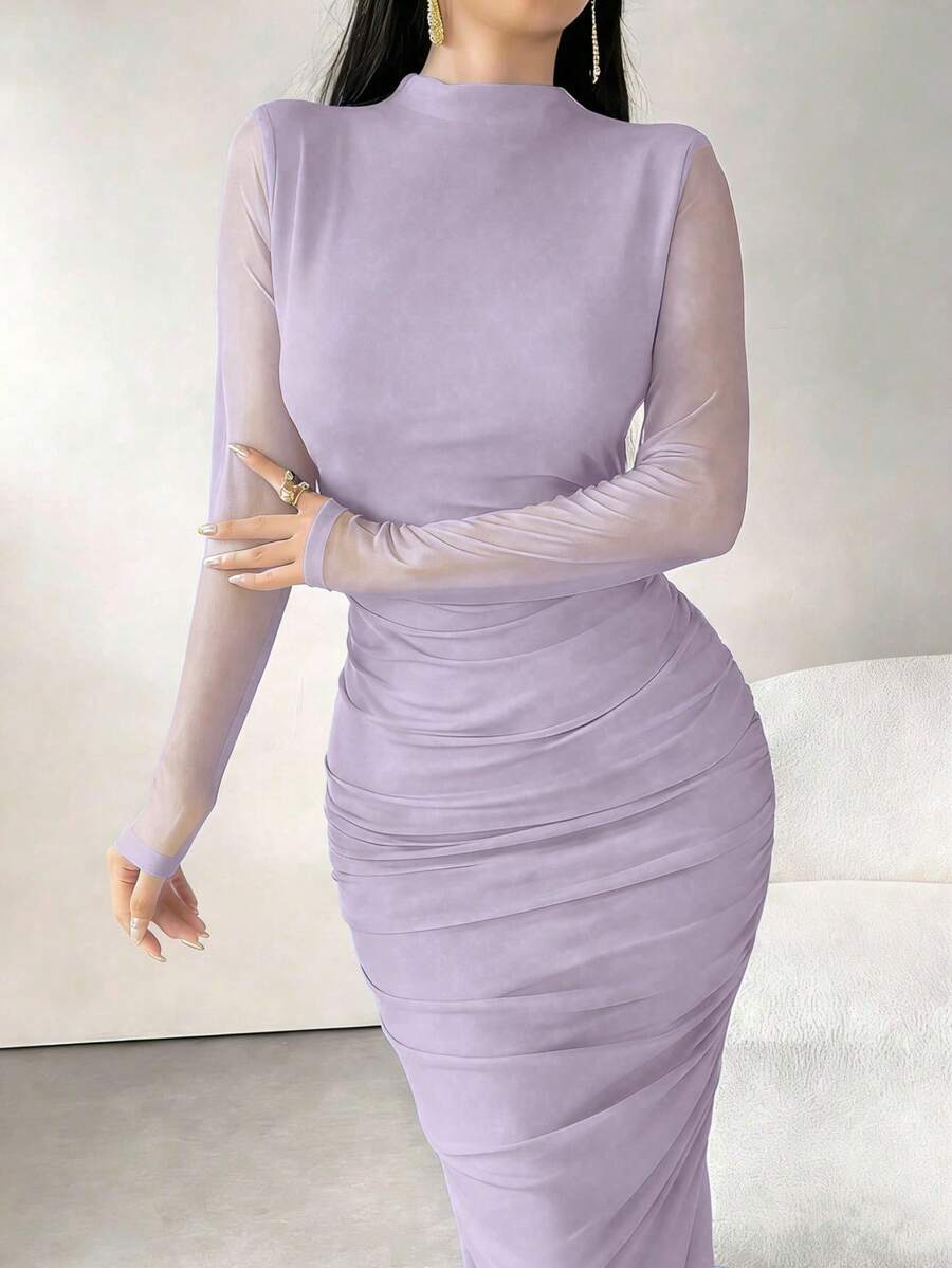 Modelyn 女士纯色简约日常长袖网纱连衣裙长款女装晚礼服 - 淡紫色 - 查看 1