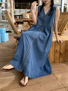 FRIFUL Vestido vaquero casual sin mangas con botones delanteros, para primavera/verano - Azul - Ver 6