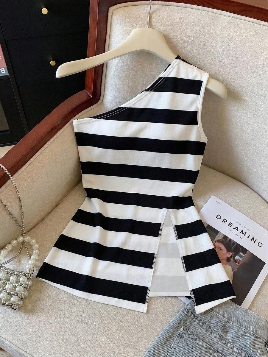 Lymera New Spring/Summer Fashion Casual Commute Versatile Black & White Striped Asymmetric Hem Slit Camisole - Multicolor - View 1