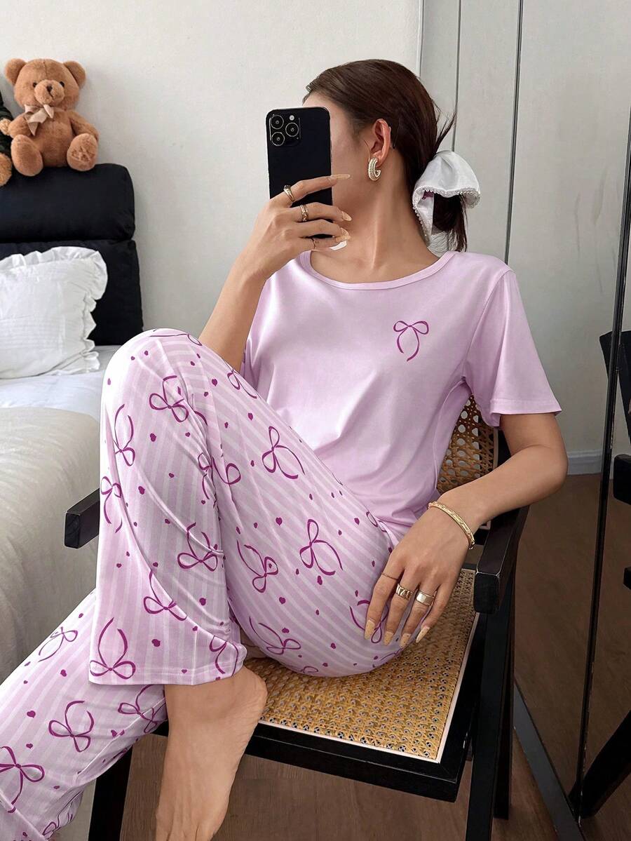 SHEIN 可爱女孩蝴蝶结印花短袖长裤女士睡衣套装 - 彩色 - 查看 1