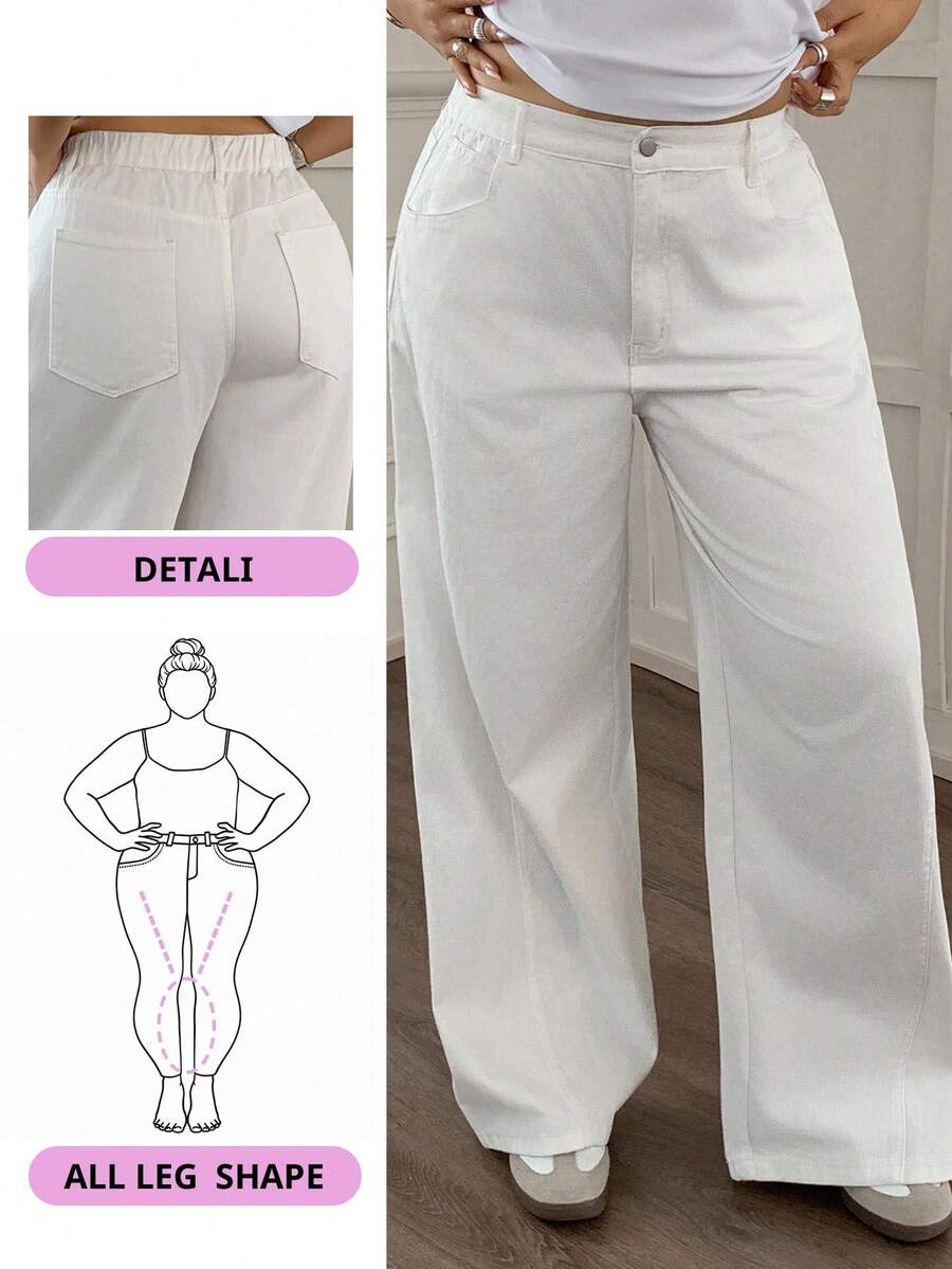 Dazy Plus 大码女式直筒长款白色牛仔裤，四季休闲 - 白色 - 查看 1