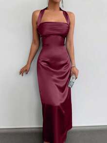 EURMUSE Women's Elegant Party Halter Neck Ruched Backless Long Dress, Summer - Burgundy - View 3