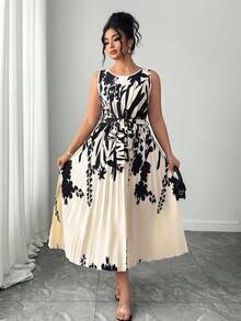 Elenzga 大码女式无袖圆领蝴蝶结休闲浪漫度假优雅褶皱夏季连衣裙 - 杏色 - 查看 7