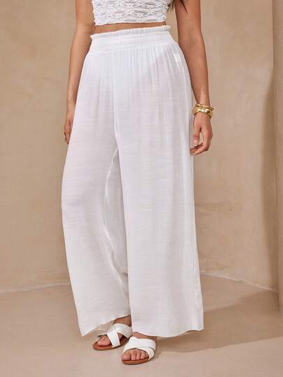 Swim Vcay 2026 New Summer Beach Vacation Casual Basic White High Waist Ruffle Tie Waist Wide Leg Beach Swimsuit, Suitable For Beach Vacation Plus Size Cover-Up