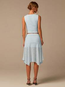 COSMINA Light Blue Summer Elegant Vacation Sleeveless Top And Skirt Set,Ladies'Suit,Pattern Knitted Elastic Jacquard Fabric,Valentine's Day Beach Daily Wear - Baby Blue - View 6