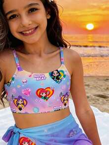 Tween Girl Cartoon Character, Vibrant Purple, K-Pop Superstars , Cartoon Girl Group Camisole Top And Briefs Bikini Set With Mini Skirt Swimsuit 3 PiecesSet, Suitable For Summer - Multicolor - View 5