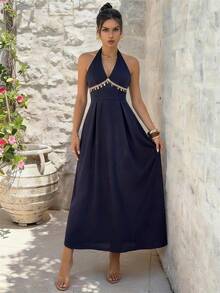 Lucivie Đầm midi nữ màu xanh navy cổ yếm khoét sâu cổ chữ V đính hạt, kiểu dáng thanh lịch và thoải mái - Đầm dự tiệc cocktail không tay dành cho nữ. - Màu xanh lam - Xem 5