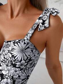 Swim Basics 女士修身印花无袖露肩夏季沙滩连衣裙 - 黑與白 - 查看 5